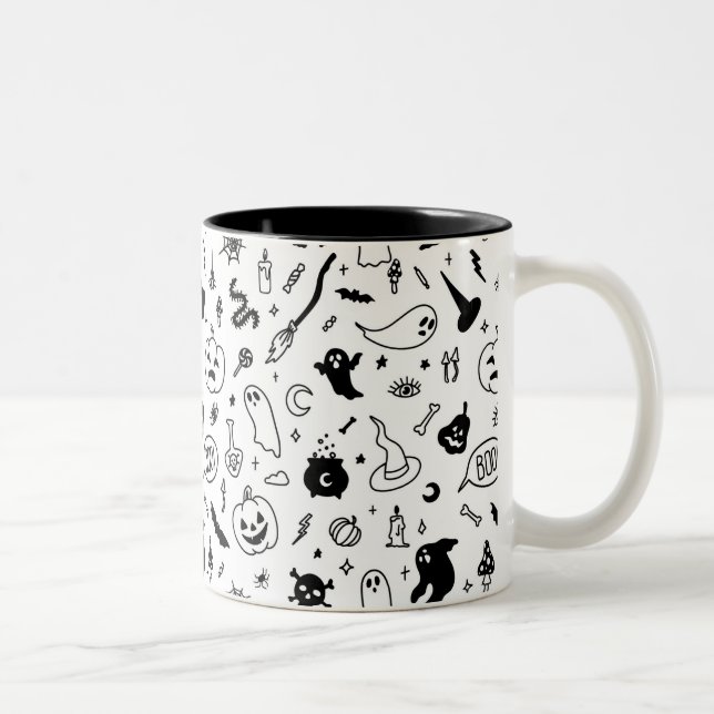 spooky scary halloween party doodle Two-Tone coffee mug (Right)