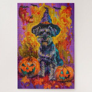 Spooky Schnauzer Dog Halloween Witch And Pumpkin Jigsaw Puzzle