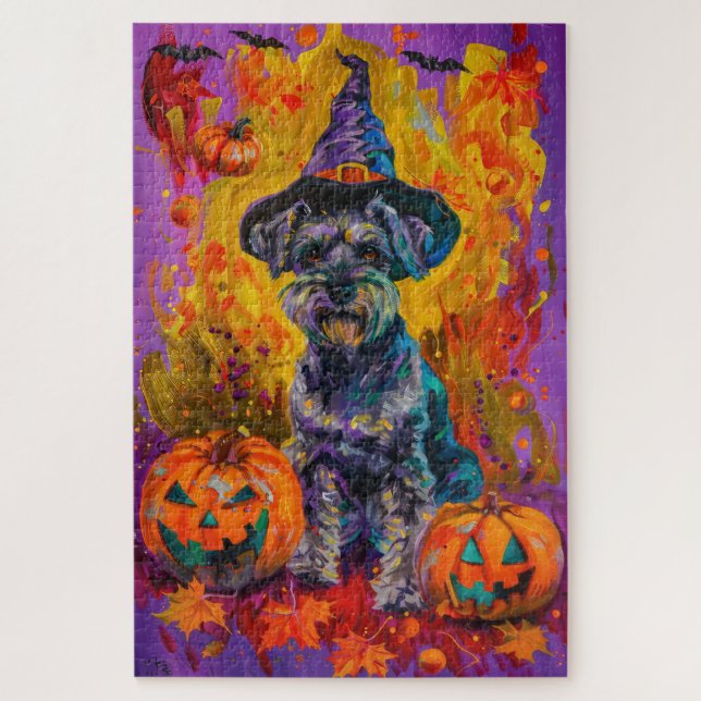 Spooky Schnauzer Dog Halloween Witch And Pumpkin Jigsaw Puzzle (Vertical)