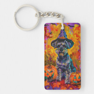 Spooky Schnauzer Dog Halloween Witch And Pumpkin Key Ring