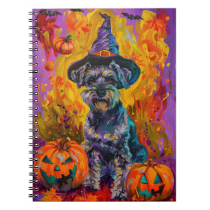 Spooky Schnauzer Dog Halloween Witch And Pumpkin Notebook