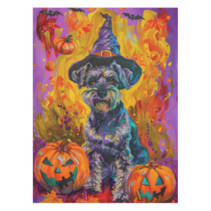 Spooky Schnauzer Dog Halloween Witch And Pumpkin Tablecloth