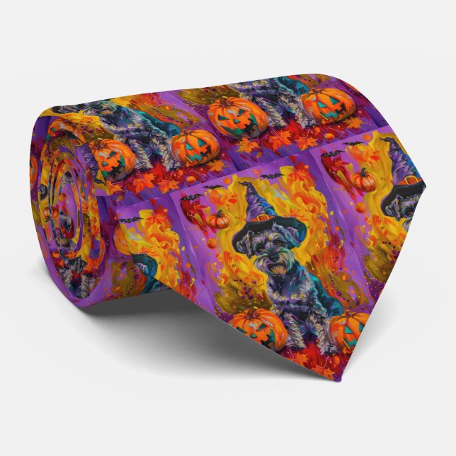 Spooky Schnauzer Dog Halloween Witch And Pumpkin Tie (Rolled)