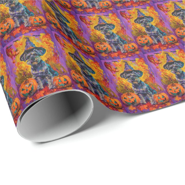 Spooky Schnauzer Dog Halloween Witch And Pumpkin Wrapping Paper (Roll Corner)