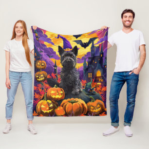 Spooky Scottish Terrier Halloween Witch Pumpkin Fleece Blanket