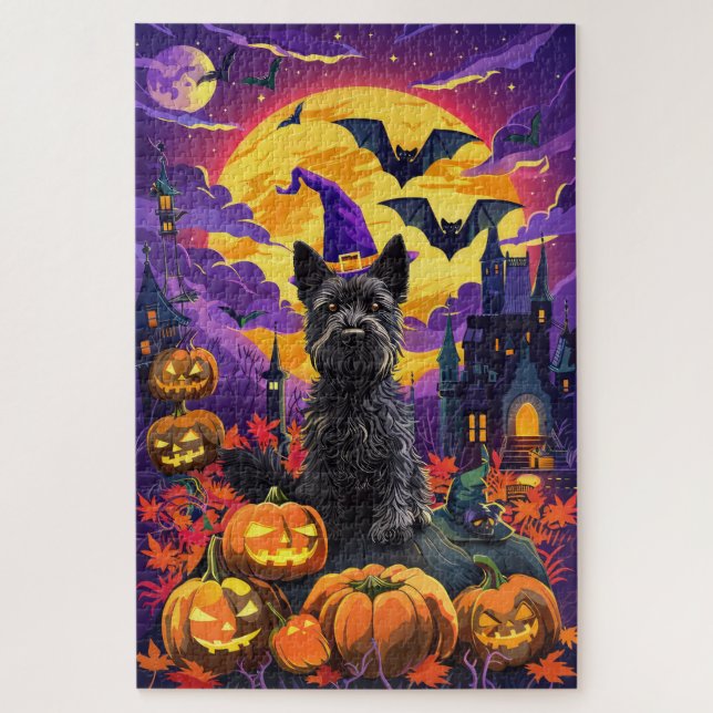 Spooky Scottish Terrier Halloween Witch Pumpkin Jigsaw Puzzle (Vertical)