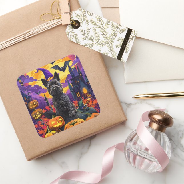 Spooky Scottish Terrier Halloween Witch Pumpkin Square Sticker (Gifting)