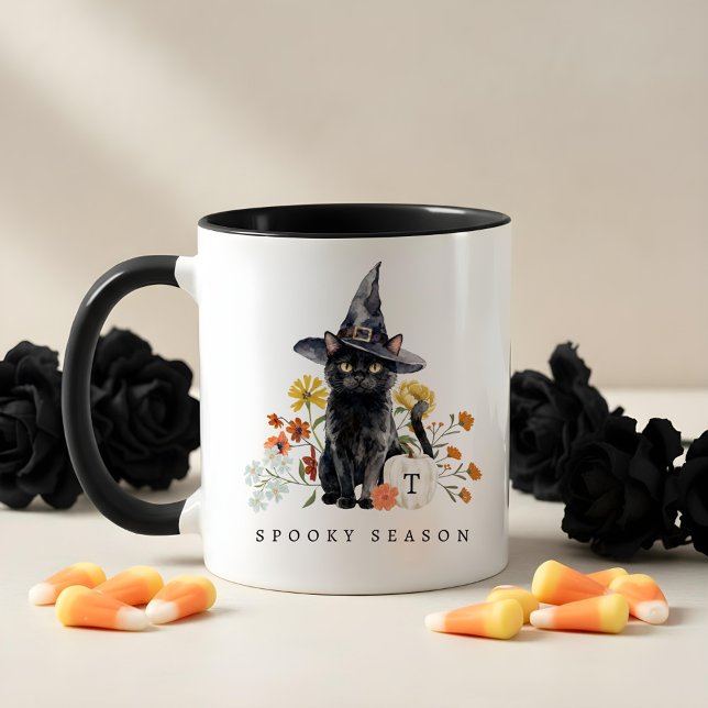 Spooky Season Black Cat Fall Cozy Floral Monogram Mug (Spooky Season Black Cat Fall Cozy Floral Monogram Mug)