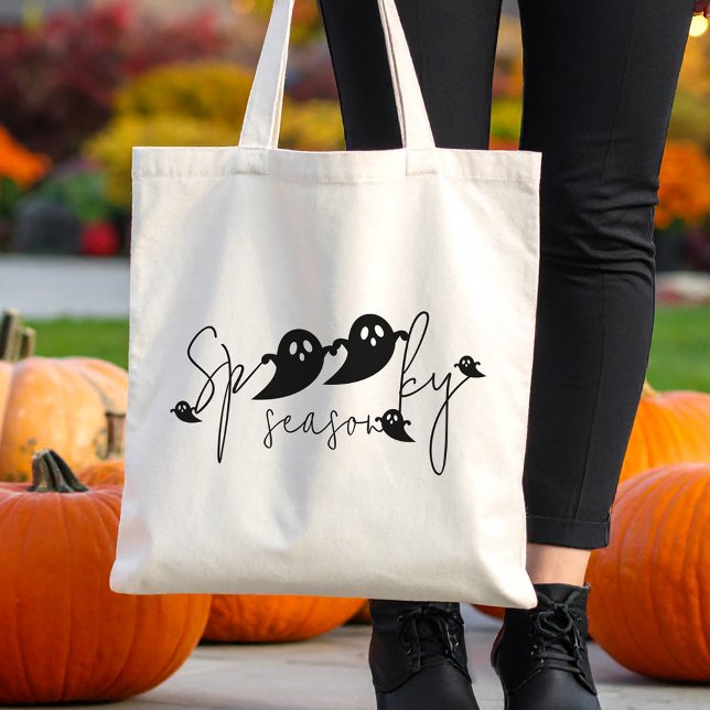 Spooky Season Black Flying Ghosts Cute Halloween Tote Bag (Disclaimer: This image is a digital mockup.)
