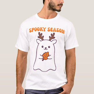 Spooky Season Cute Deer Ghost with Autumn Leaf T-Shirt