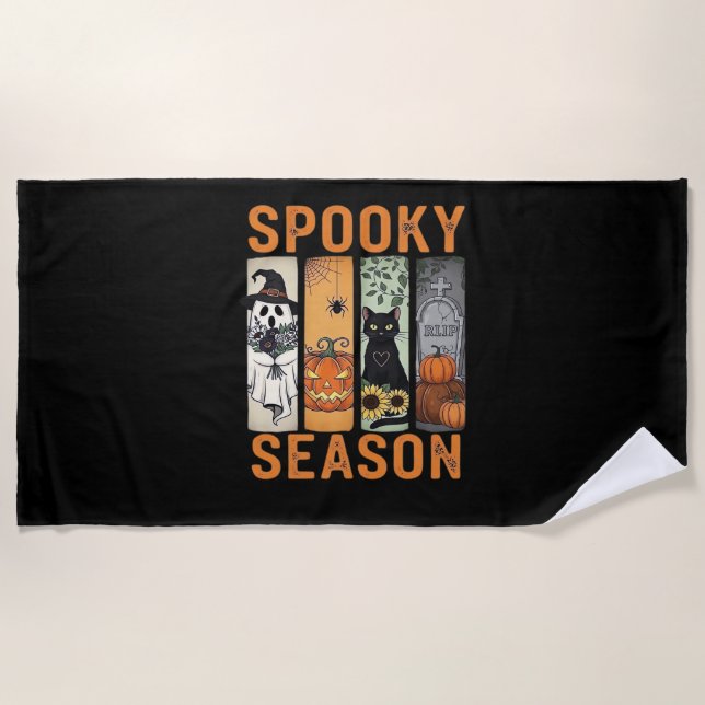 Spooky Season – Cute Ghost, Black Cat, Pumpkin & H Beach Towel (Front)