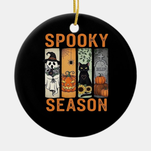 Spooky Season � Cute Ghost, Black Cat, Pumpkin & H Ceramic Ornament (Front)
