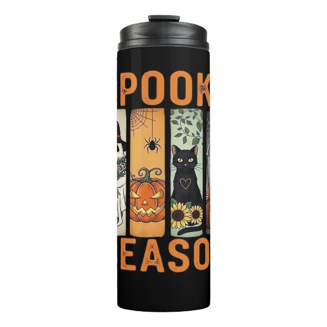 Spooky Season – Cute Ghost, Black Cat, Pumpkin & H Thermal Tumbler (Front)