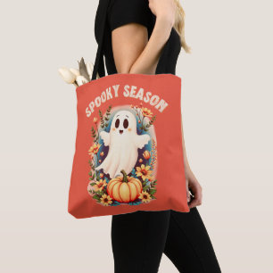 Spooky Season Cute Ghost Floral Retro Tote Bag