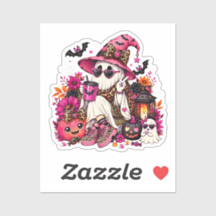 Spooky Season Cute Ghost in Witch Hat and Pumpkin
