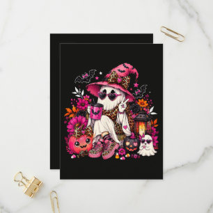 Spooky Season Cute Ghost in Witch Hat and Pumpkin Invitation Postcard