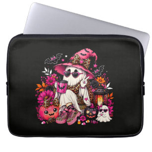 Spooky Season Cute Ghost in Witch Hat and Pumpkin Laptop Sleeve
