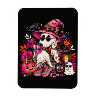 Spooky Season Cute Ghost in Witch Hat and Pumpkin Magnet