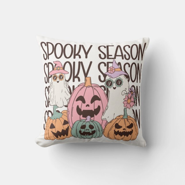 Spooky Season Cute Ghost Pumpkin Retro Halloween Cushion (Front)