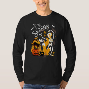 Spooky Season Dancing Skeleton Black Cat Halloween T-Shirt