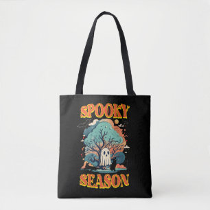 Spooky Season Ghost & Black Cat Halloween Design Tote Bag
