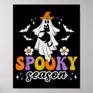Spooky Season Ghost Holding Black Cat Groovy Poster