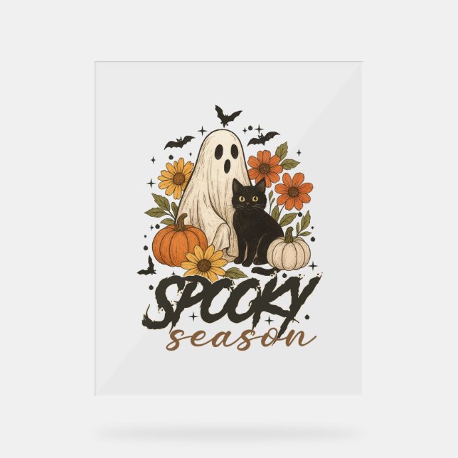 Spooky Season Ghost Retro Spooky Floral Halloween  Acrylic Sign (Front)
