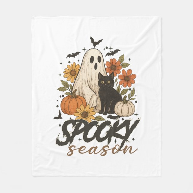 Spooky Season Ghost Retro Spooky Floral Halloween  Fleece Blanket (Front)