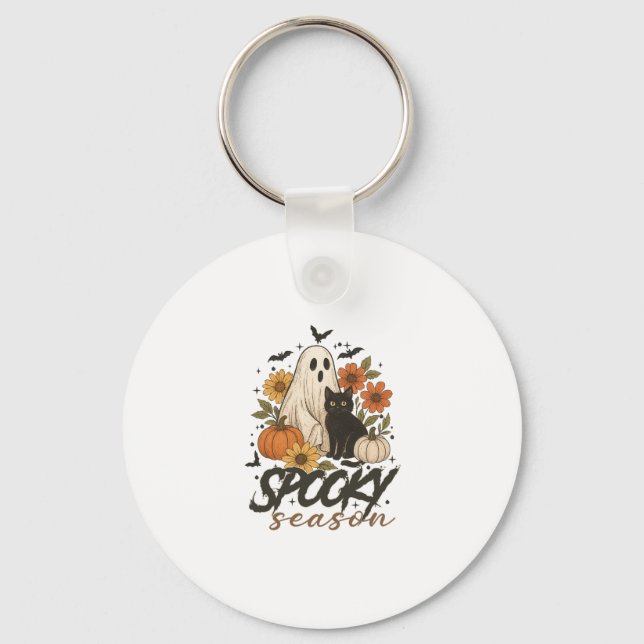 Spooky Season Ghost Retro Spooky Floral Halloween  Key Ring (Front)
