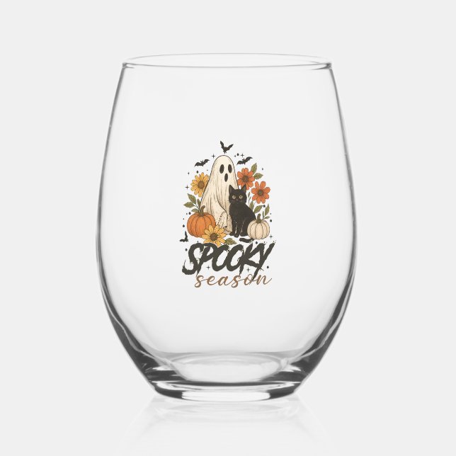 Spooky Season Ghost Retro Spooky Floral Halloween  Stemless Wine Glass (Front)