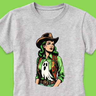 Spooky Season Green Retro Cowgirl with Ghost T-Shirt