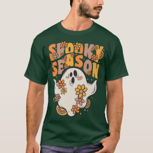 Spooky Season Groovy Ghost With Vintage Flowers Ha T-Shirt