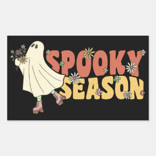 Spooky Season Groovy Ghost With Vintage Flowers Sq Rectangular Sticker
