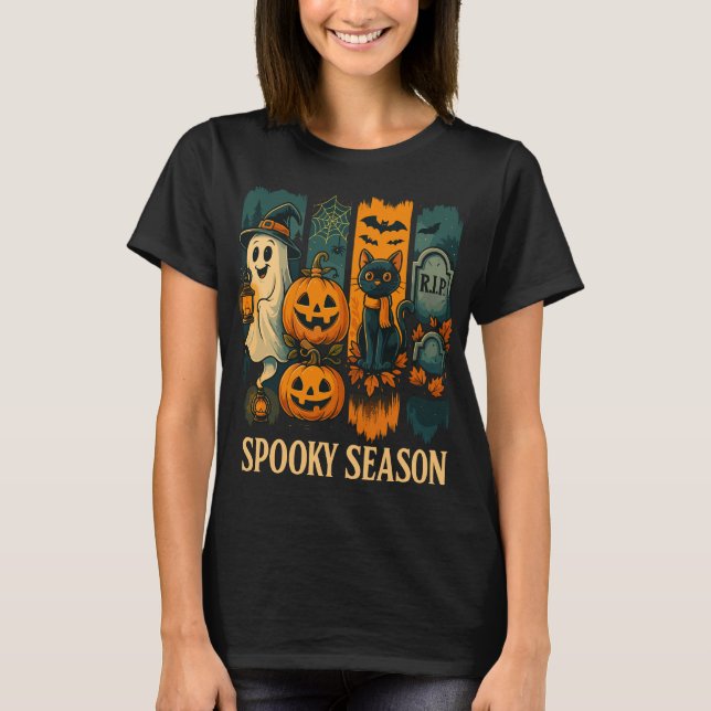 Spooky Season Halloween – Ghost, Pumpkins, Cat T-Shirt (Front)