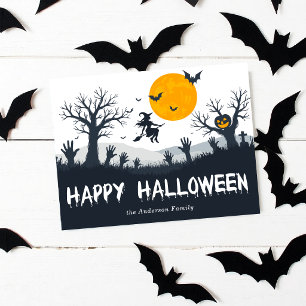 Spooky Season Happy Halloween Witch Bats Pumpkin Postcard