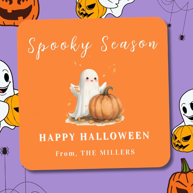 Spooky Season Orange Cute Ghost Square Sticker (Creator Uploaded)