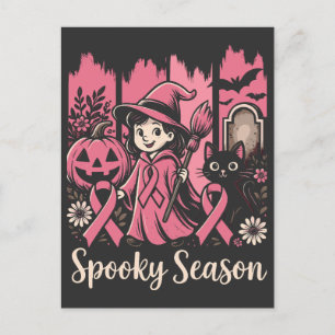  Spooky Season Pink Ribbon – Cute Halloween Witch  Holiday Postcard