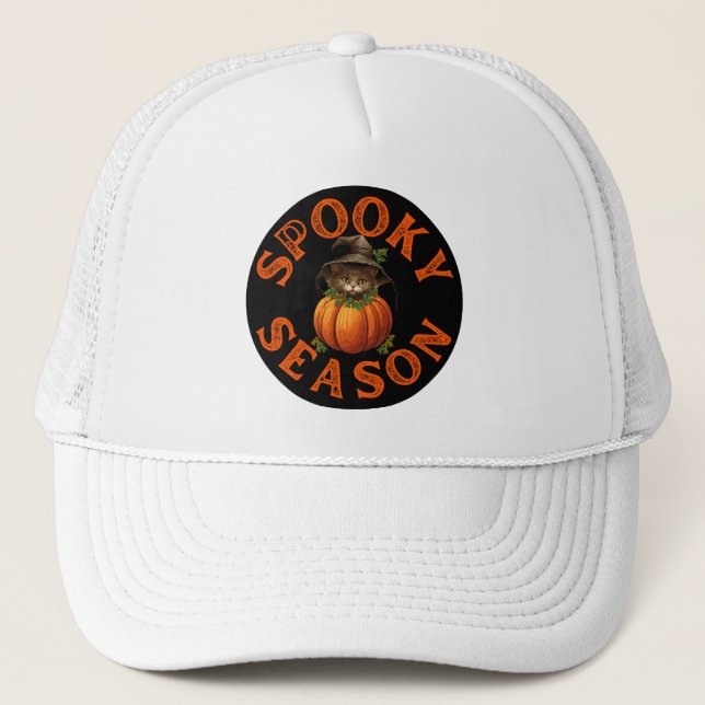 Spooky Season Pumpkin Cat Trucker Hat (Front)