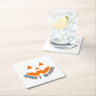 Spooky Season & Pumpkin Face Halloween Square Paper Coaster