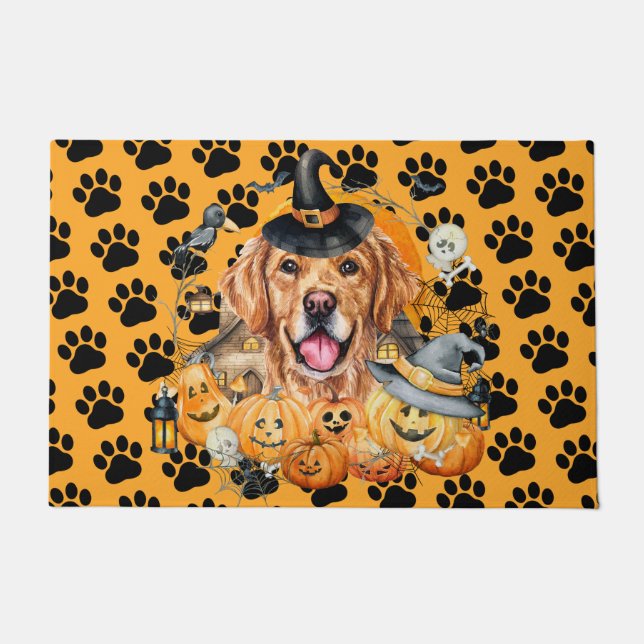 Spooky Season Pumpkin Golden Retriever Halloween Doormat (Front)