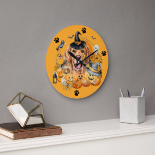 Spooky Season Pumpkin Golden Retriever Halloween Large Clock