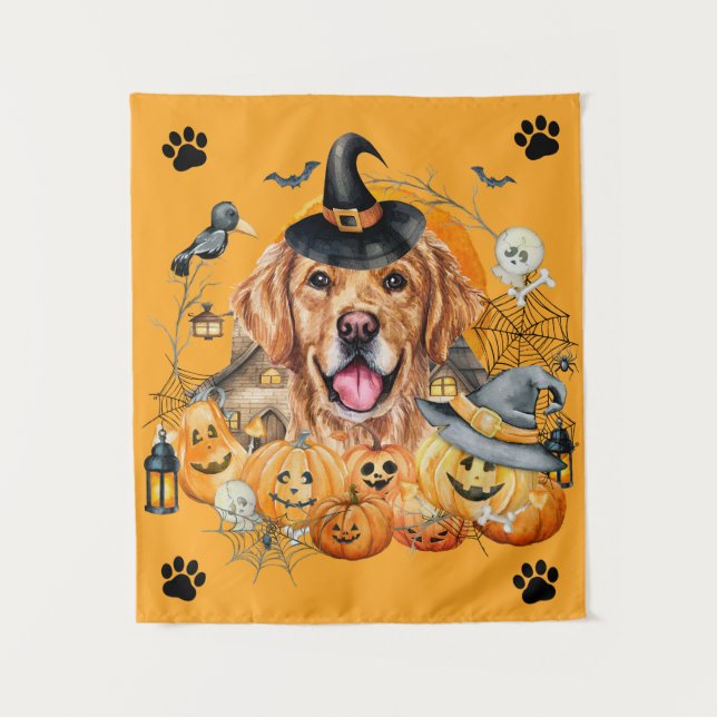 Spooky Season Pumpkin Golden Retriever Halloween Tapestry (Front)