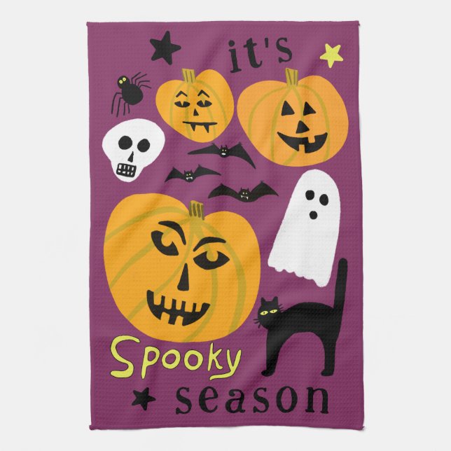 Spooky Season Pumpkins Ghost Bat HALLOWEEN Autumn Tea Towel (Vertical)