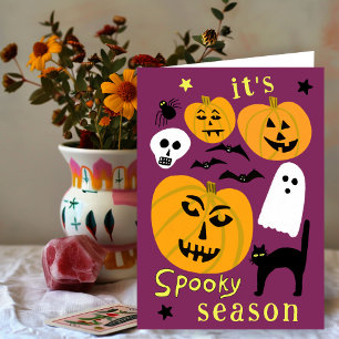 Spooky Season Pumpkins Ghost Bat HAPPY HALLOWEEN Card