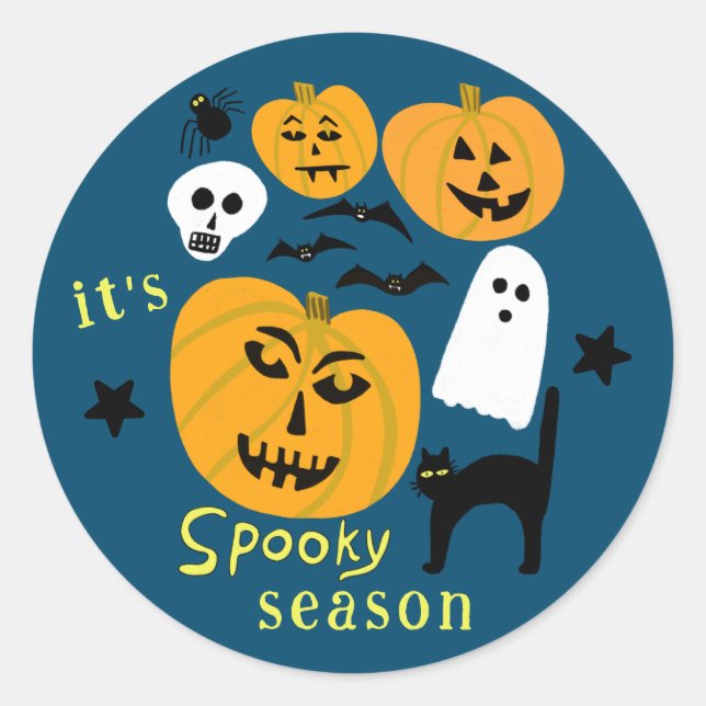 Spooky Season Pumpkins Ghost Bat HAPPY HALLOWEEN Classic Round Sticker (Front)