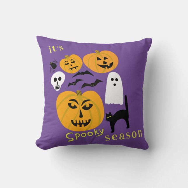 Spooky Season Pumpkins Ghost Bat HAPPY HALLOWEEN Cushion (Front)
