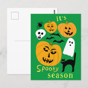 Spooky Season Pumpkins Ghost Bat HAPPY HALLOWEEN Postcard