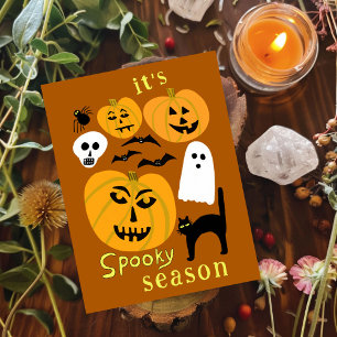 Spooky Season Pumpkins Ghost Bat HAPPY HALLOWEEN Postcard