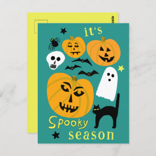 Spooky Season Pumpkins Ghost Bat HAPPY HALLOWEEN Postcard