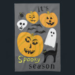 Spooky Season Pumpkins Ghost Bat HAPPY HALLOWEEN Tea Towel<br><div class="desc">Decorate your kitchen with this cool art towel. Makes a great Halloween,  housewarming,  birthday or wedding gift! 
You can customise it with your own text too or change the colours.
Check my shop for lots more colours and patterns!</div>